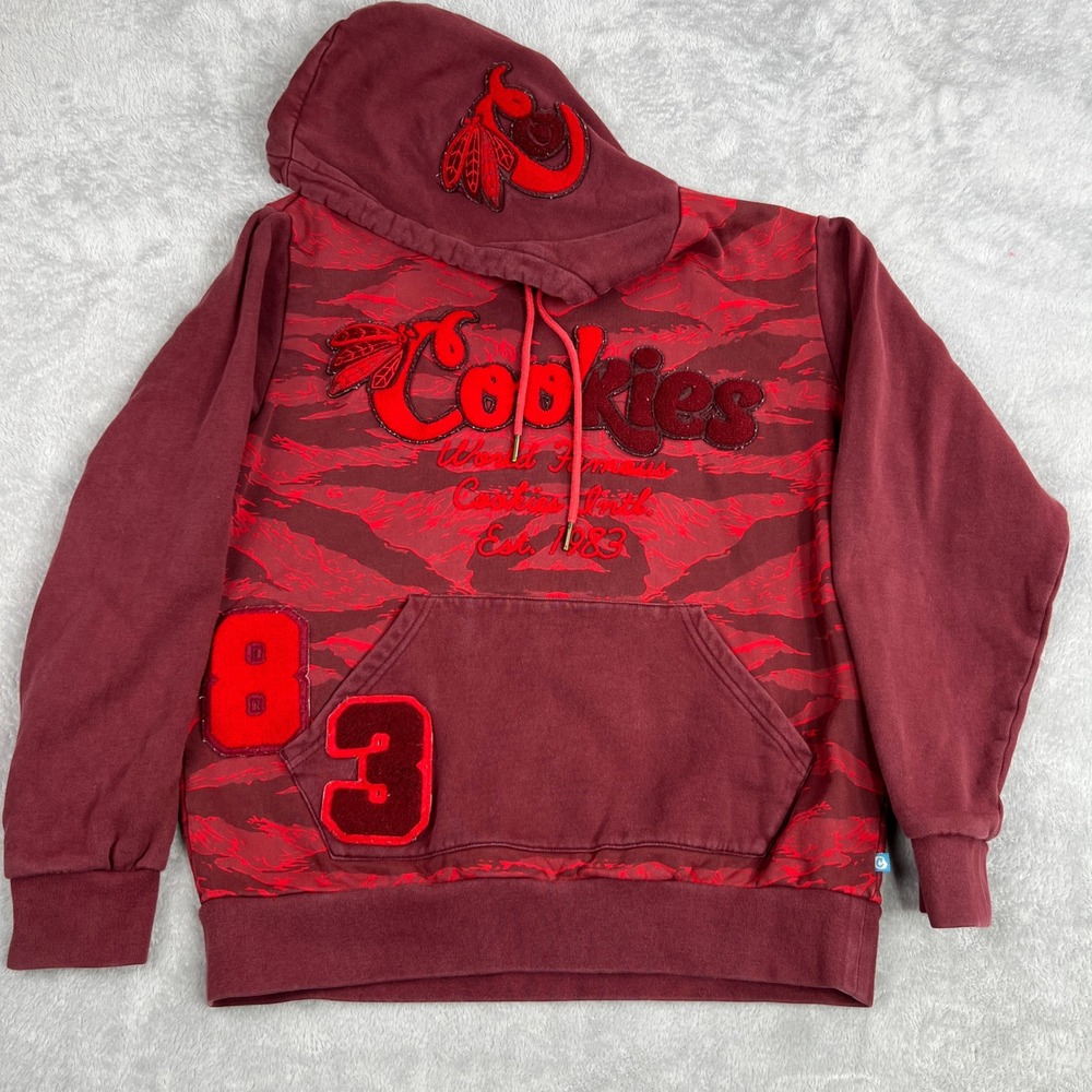 Cookies SF Tiger Camo Chenille Patch Hoodie M Maroon Men Streetwear Pullover